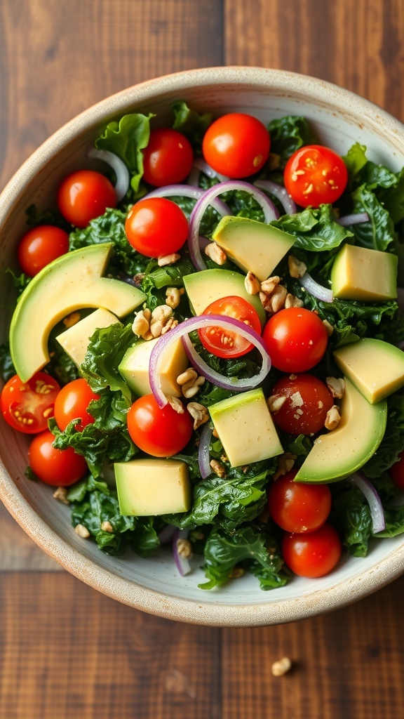 A colorful kale and avocado salad with cherry tomatoes and red onion in a rustic bowl.